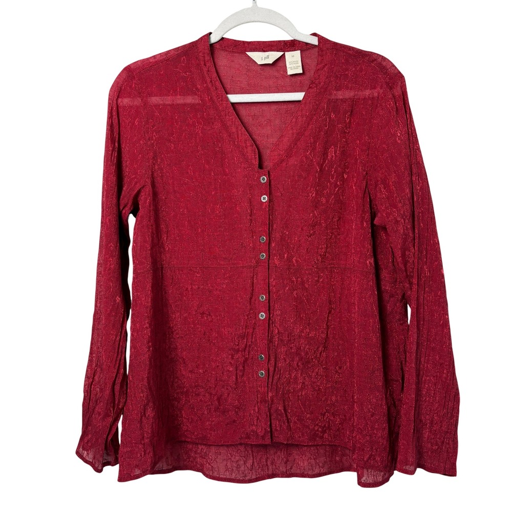 J Jill Button Front Blouse Womens M Red Crinkle Jacquard V-Neck Long Sleeve